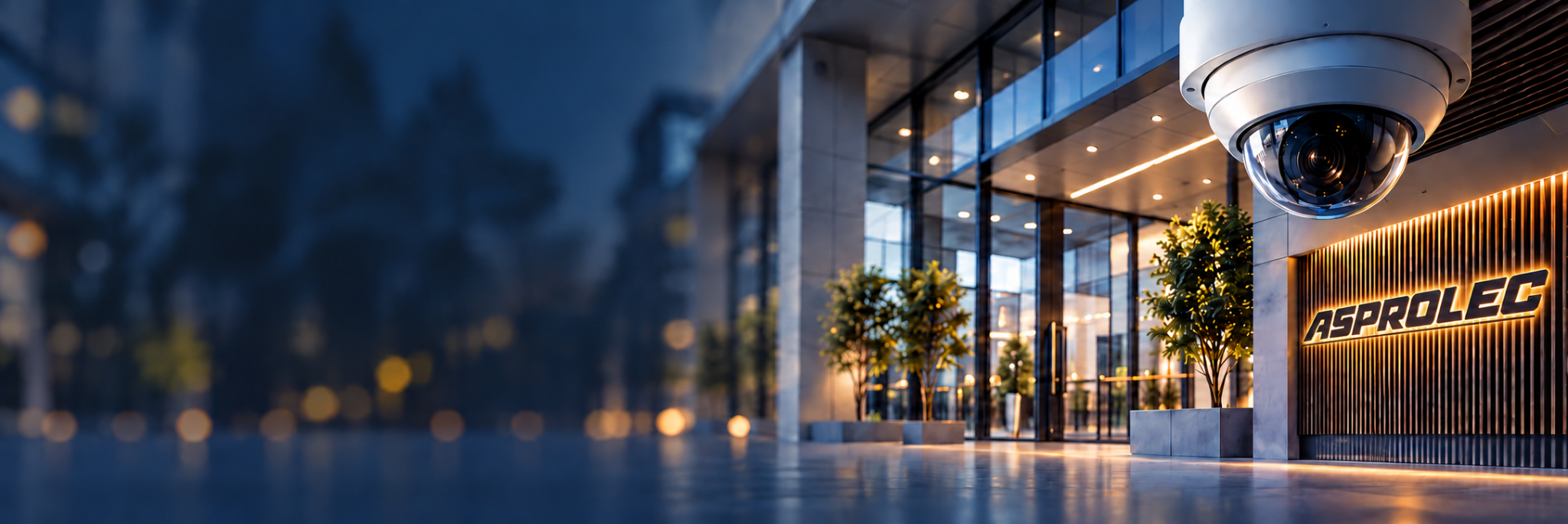 Lobby corporativo con cámara de seguridad ASPROLEC